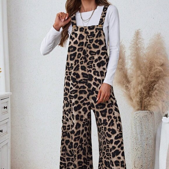 Khaki Casual Women's Leopard Print Pocket Loose Jumpsuit - Picture 3 of 4